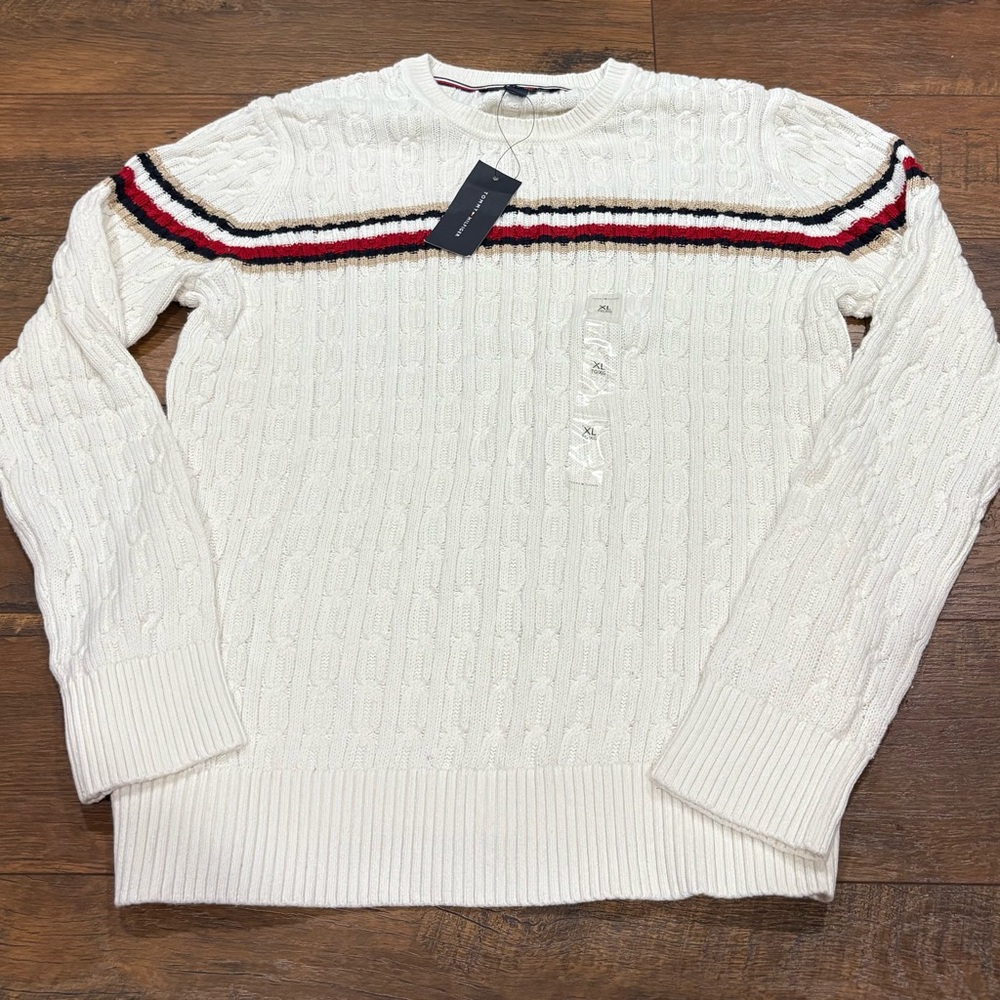 Tommy Hilfiger Leila White chain Cable Knit Sweater with Red Stripes xl nwt